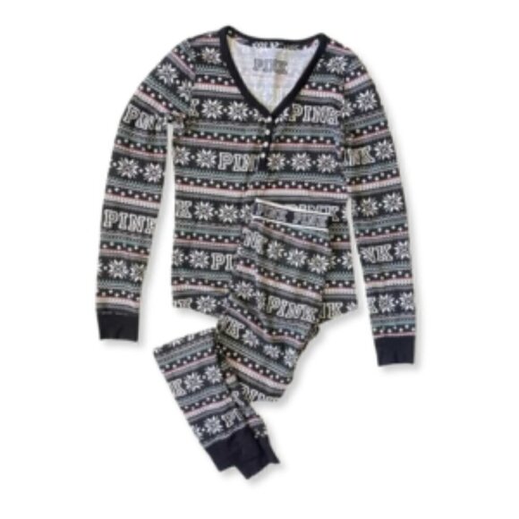 Victoria's Secret Pink Thermal Henley Pajama Set Long Sleeves Holiday Christmas - Picture 7 of 8
